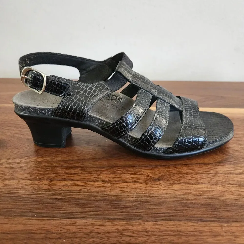 SAS Allegro Black Leather Heeled Sandal Croc Animal Alligator Print Strappy 7.5